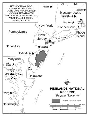 Map of New Jersey showing the Pinelands National Reserve.